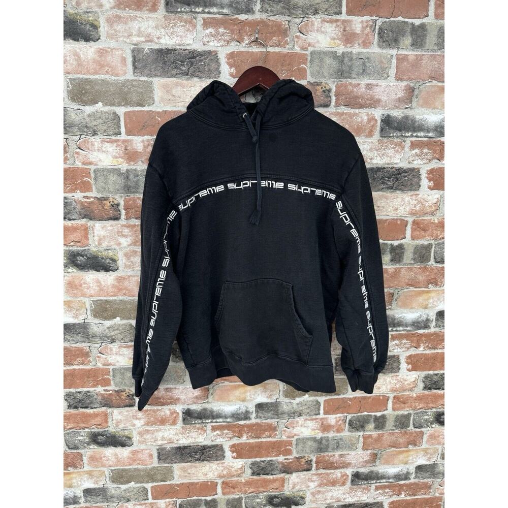 Supreme Text Striped Hooded Sweatshirt Wrap Around Hoodie Size Medium Black